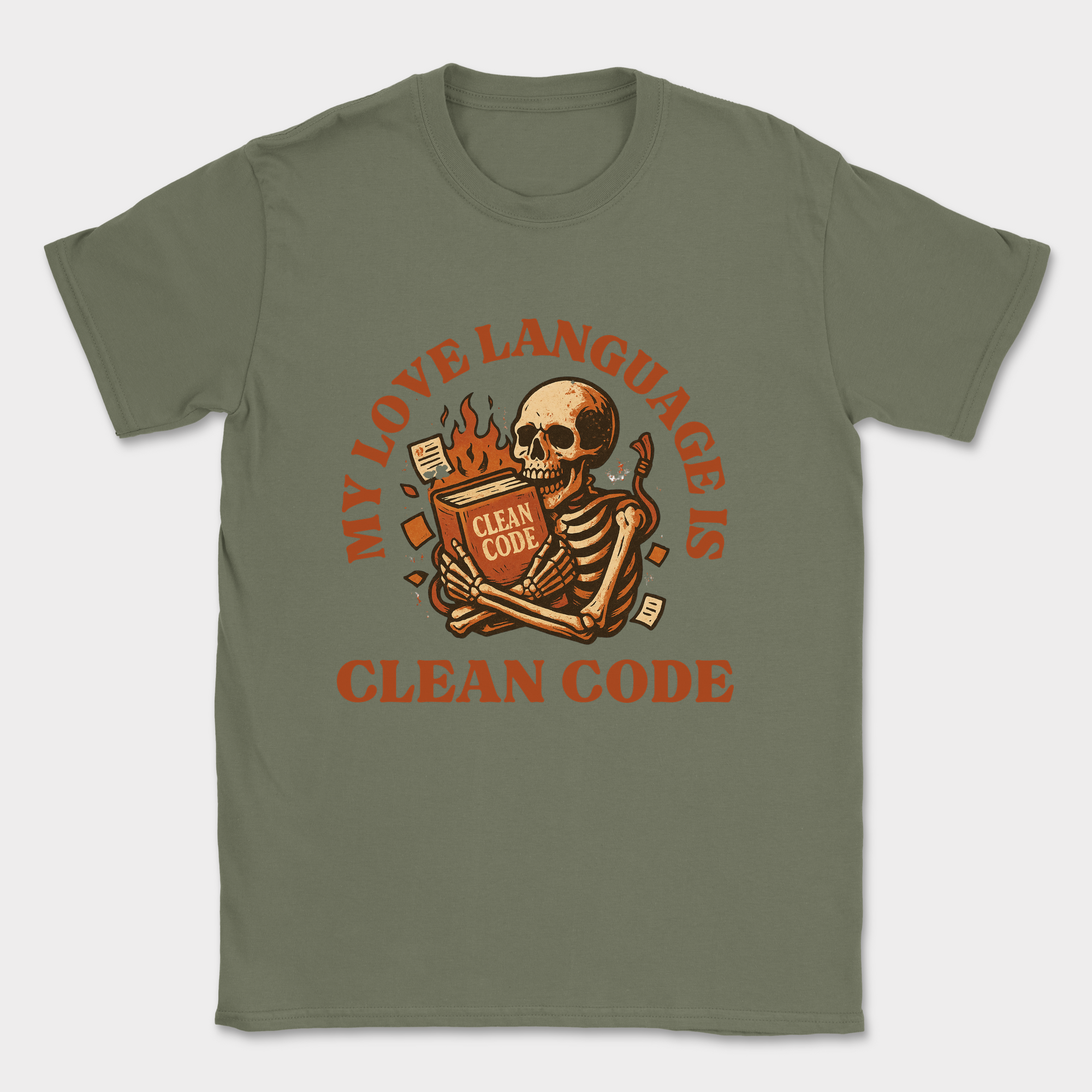 my love language is clean code skeleton shirt — Military Green