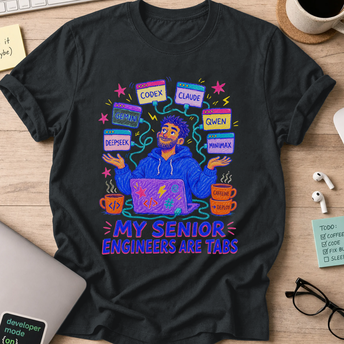My Senior Engineers Are Tabs Shirt — Black storefront mockup