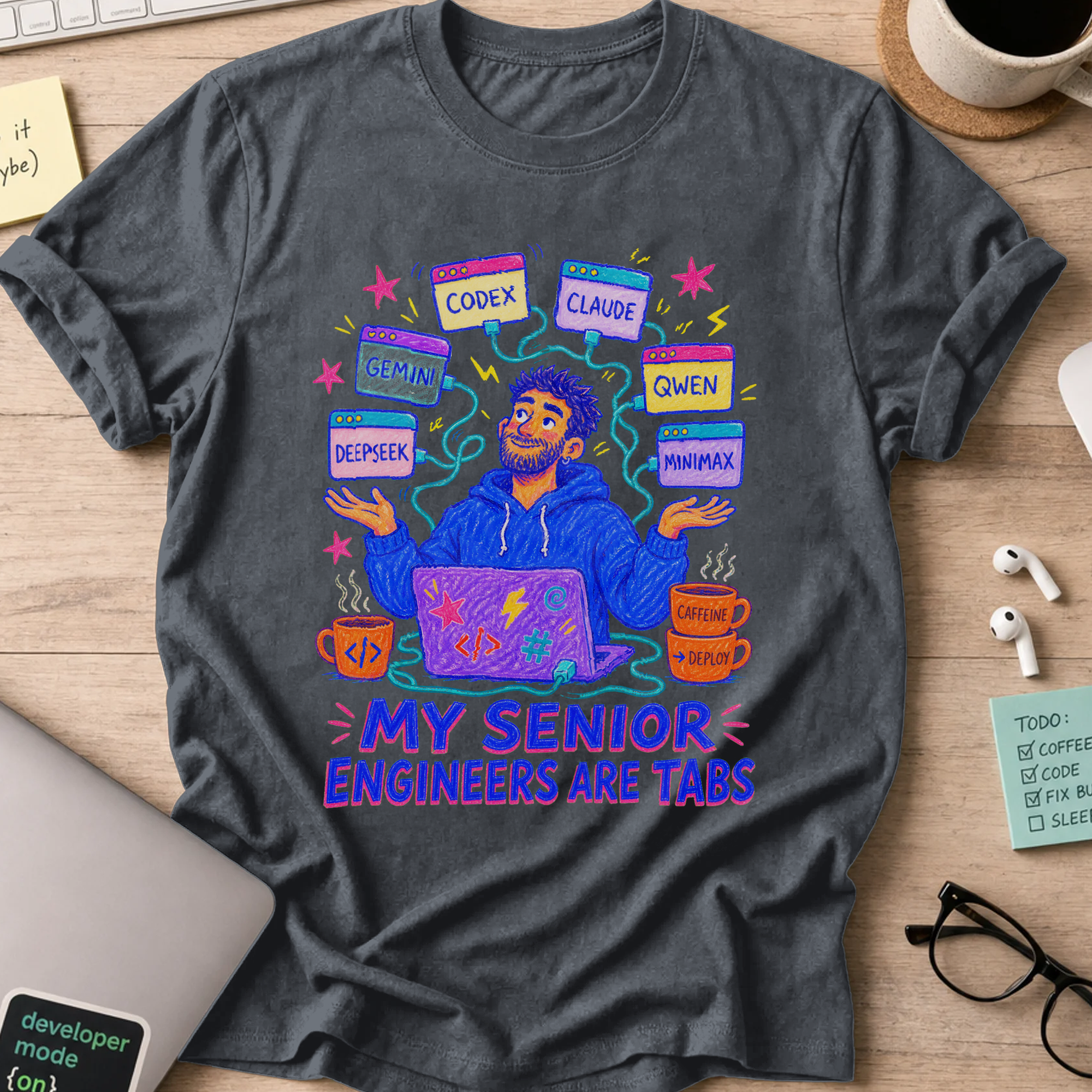 My Senior Engineers Are Tabs Shirt — Dark Heather storefront mockup