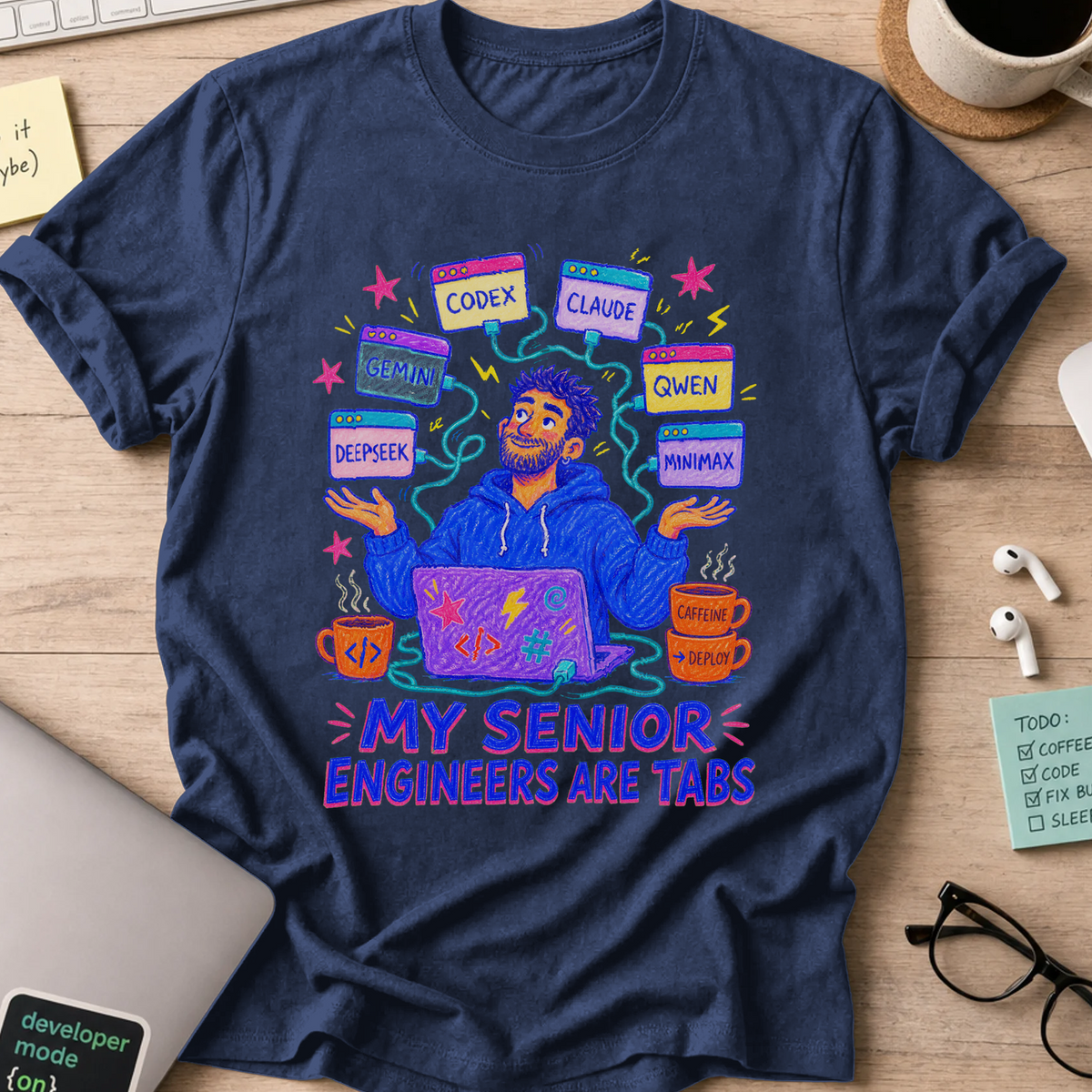 My Senior Engineers Are Tabs Shirt — Navy storefront mockup