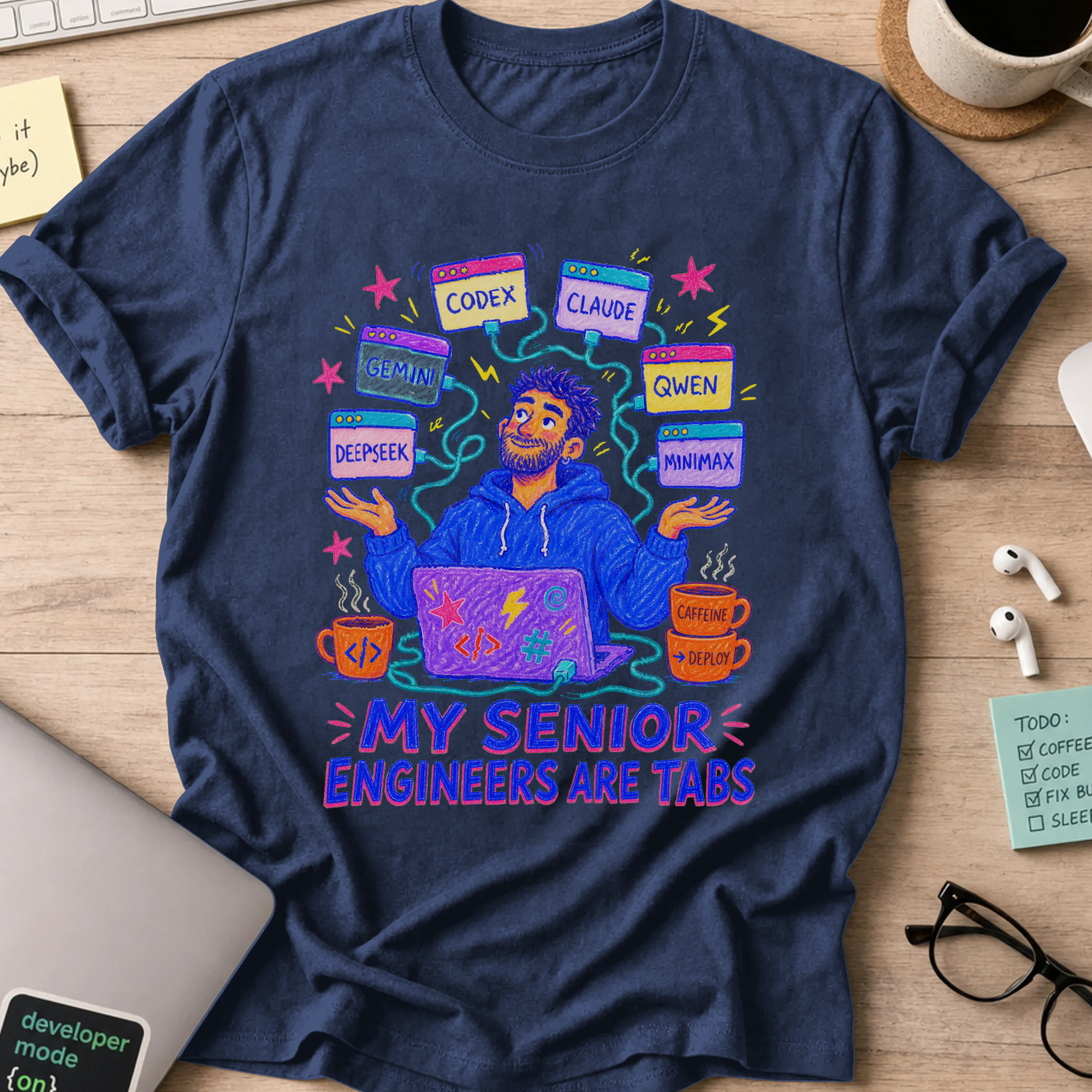 My Senior Engineers Are Tabs Shirt — Navy storefront mockup