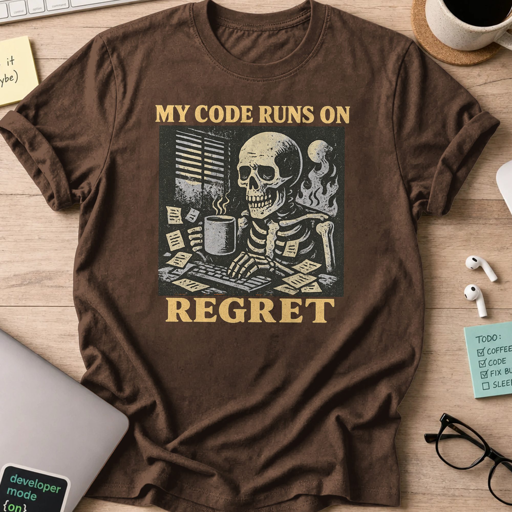 my code runs on regret skeleton shirt - Dark Chocolate