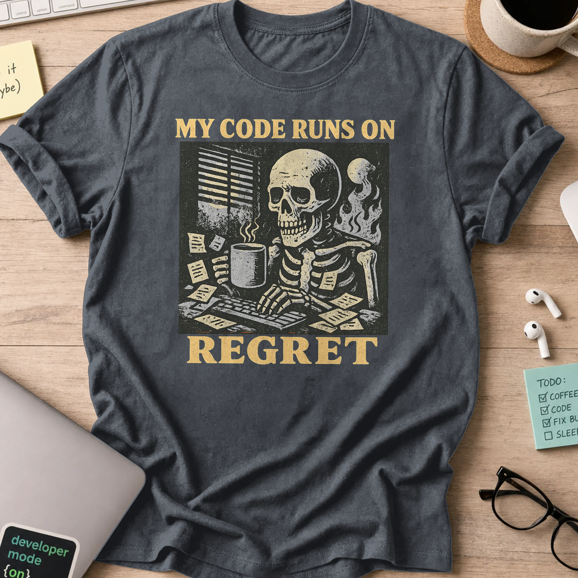 my code runs on regret skeleton shirt - Dark Heather