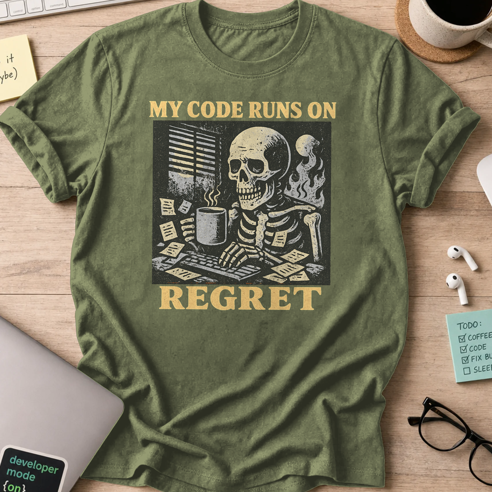 my code runs on regret skeleton shirt - Military Green