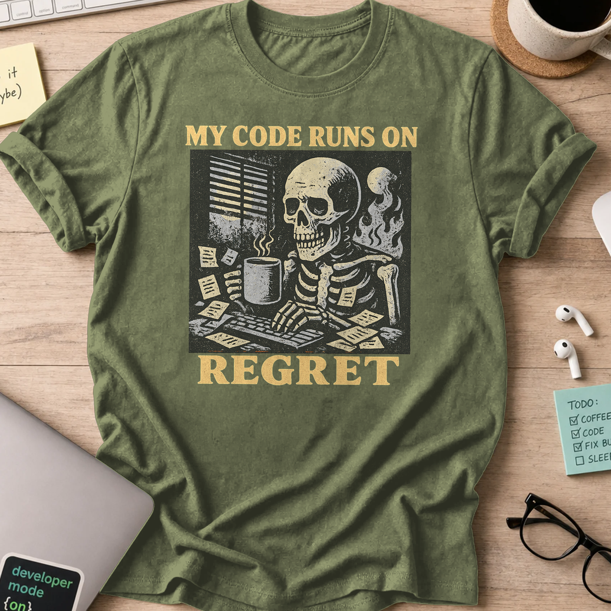my code runs on regret skeleton shirt - Military Green