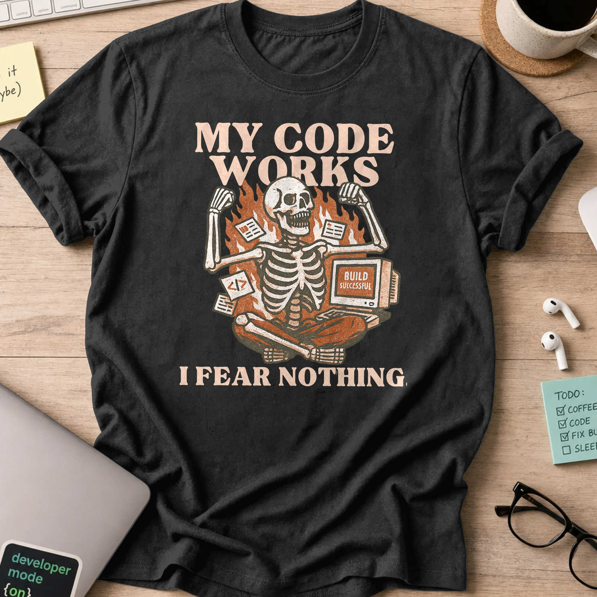 my code works i fear nothing. skeleton shirt - Black