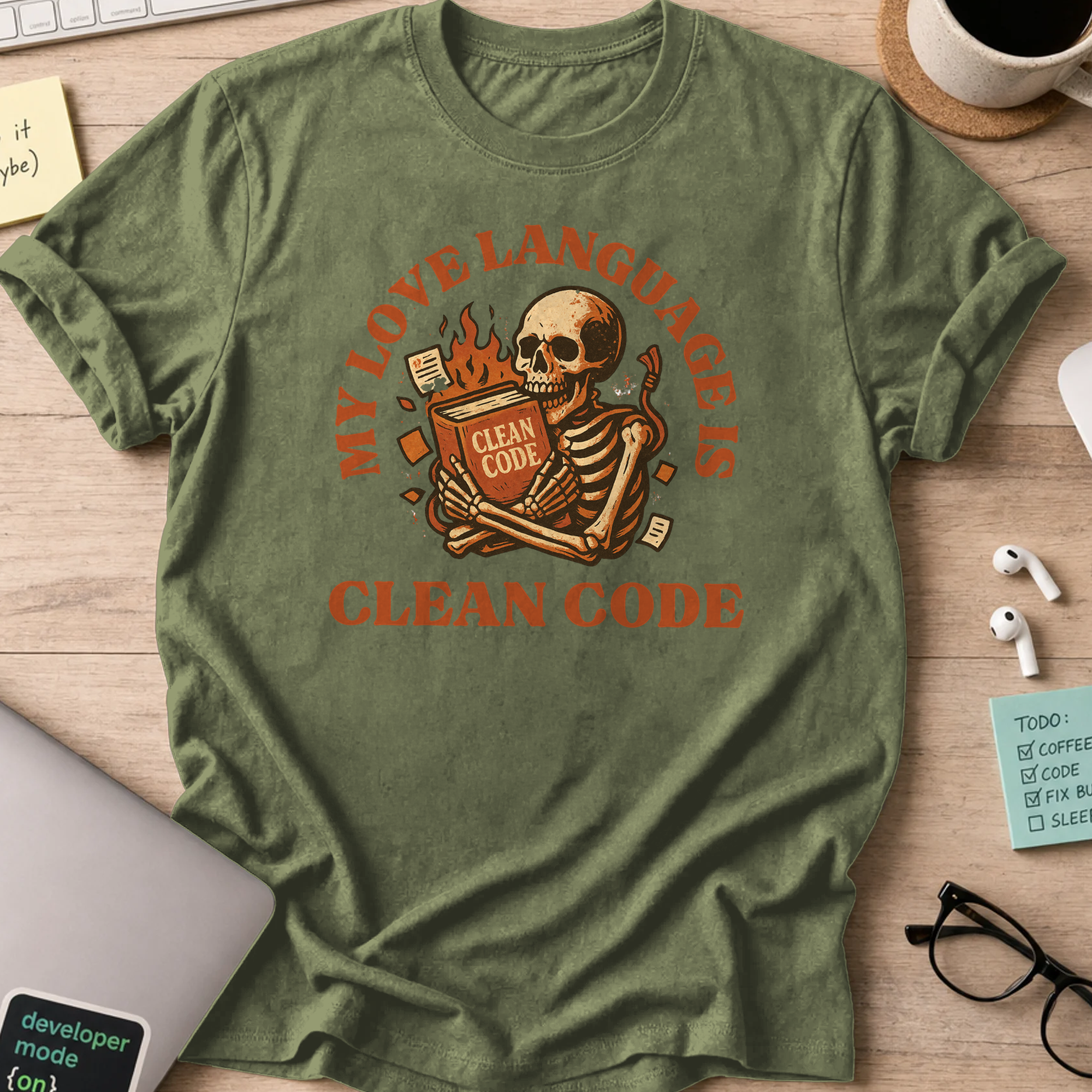 my love language is clean code skeleton shirt - Military Green