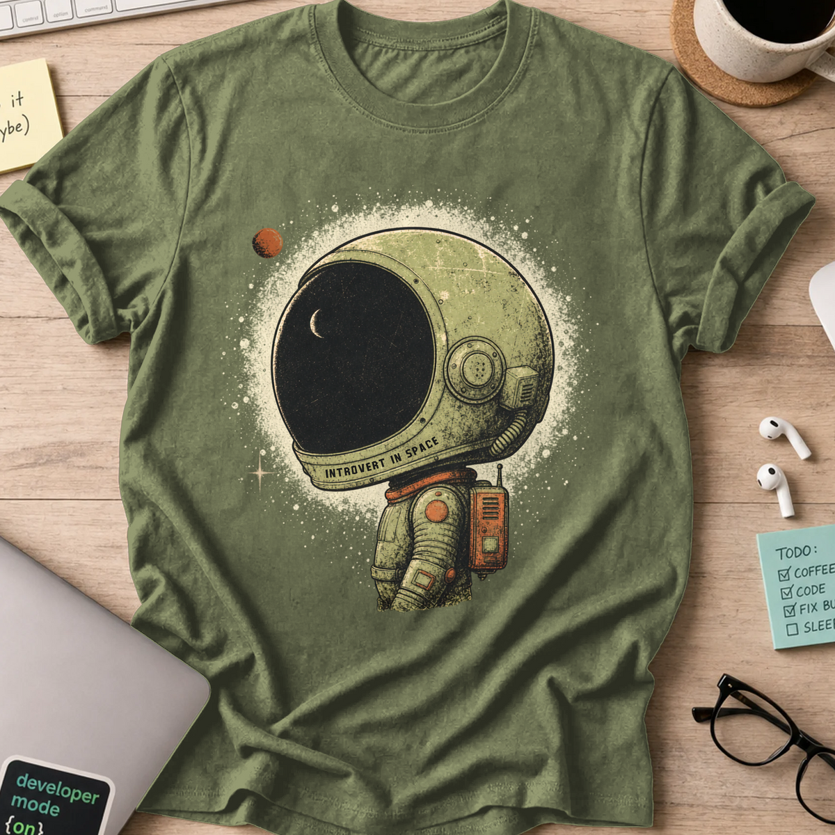 Introvert in Space Shirt - Military Green mockup