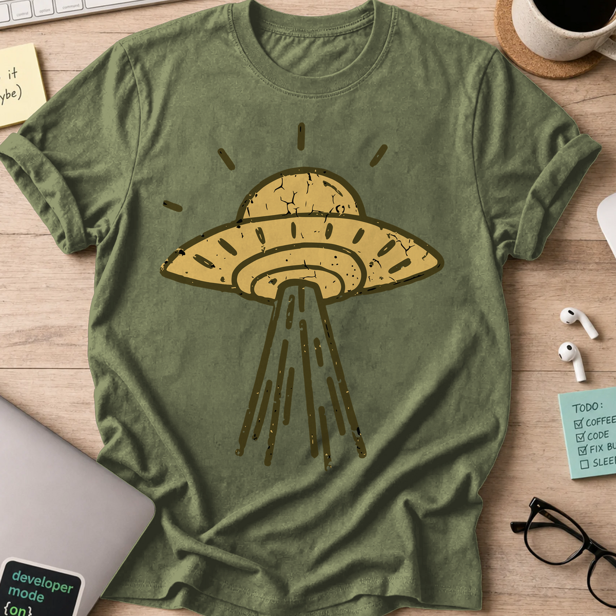 UFO Landing Shirt - Military Green mockup