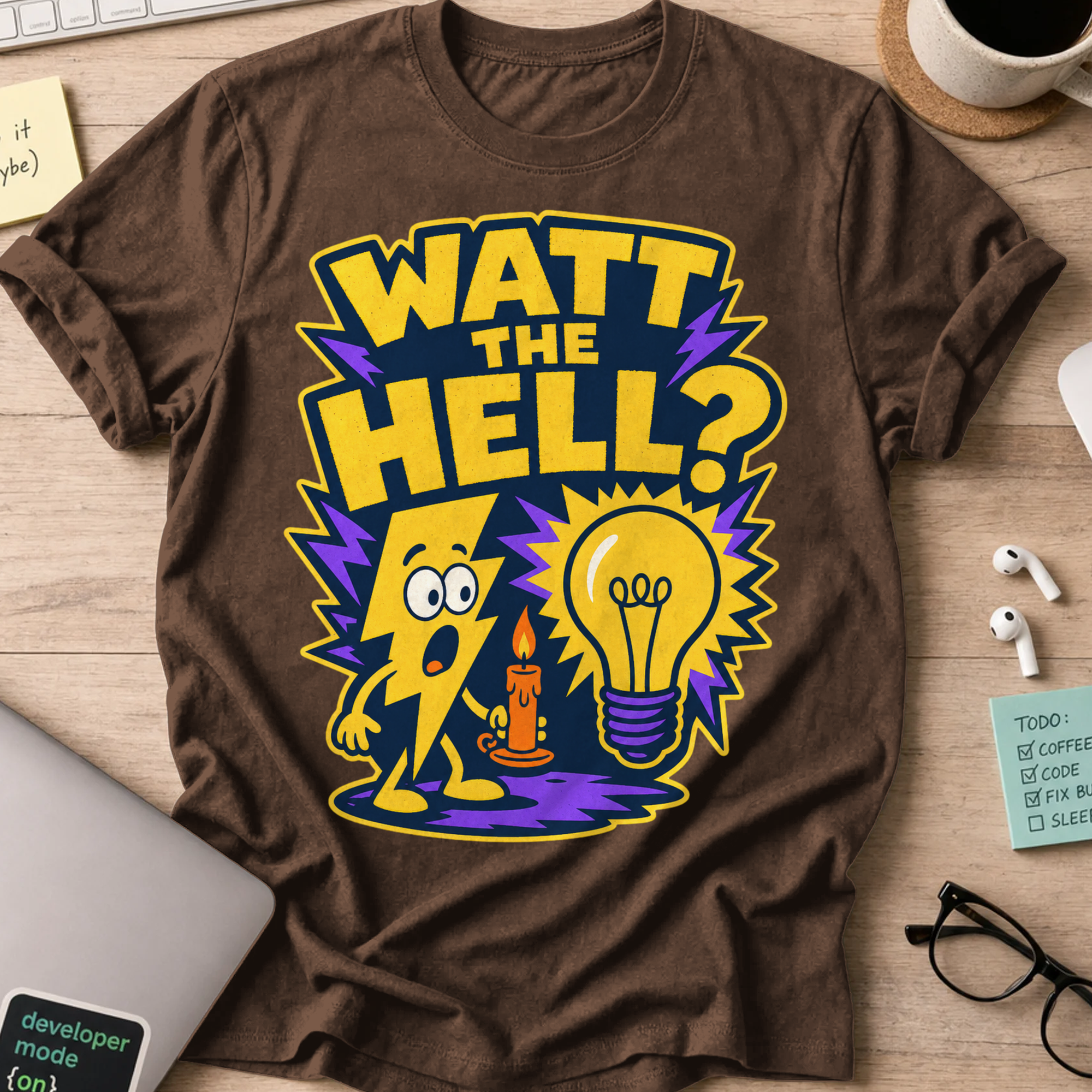 Watt the Hell Shirt - Dark Chocolate mockup