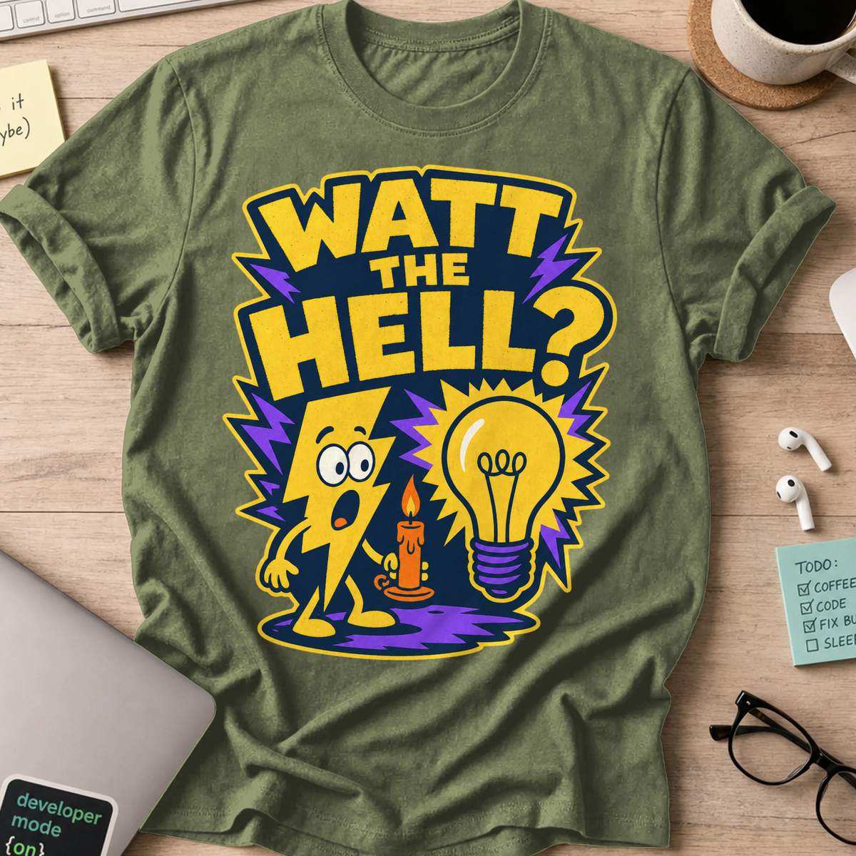 Watt the Hell Shirt - Military Green mockup