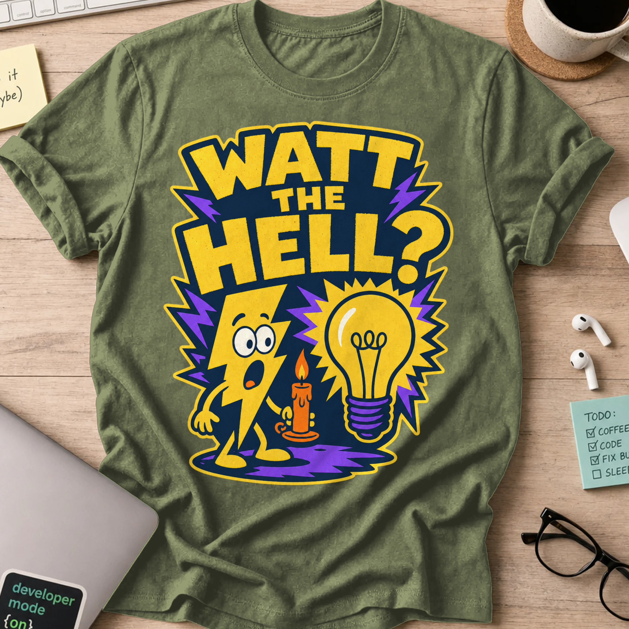 Watt the Hell Shirt - Military Green mockup