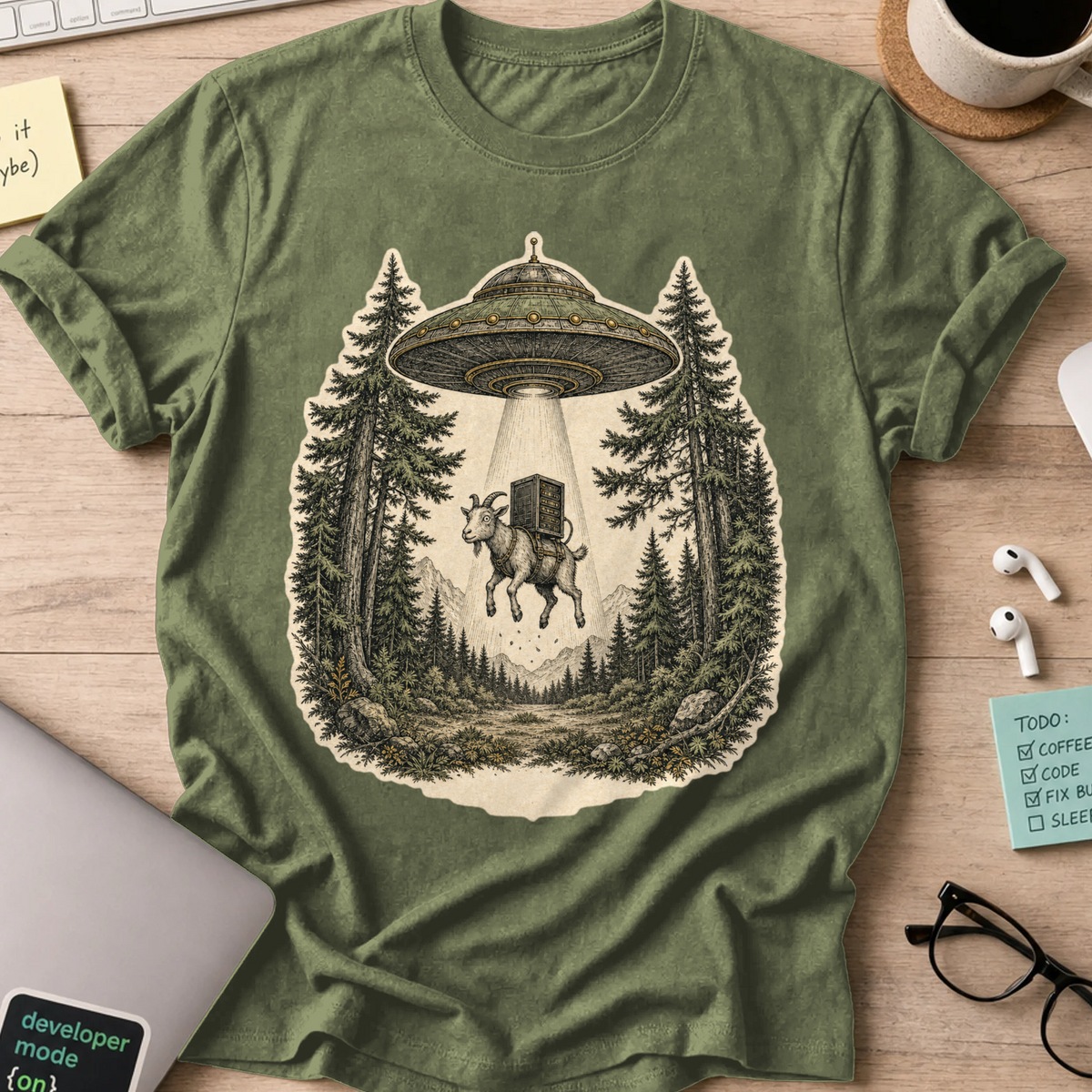 UFO Abduction Shirt - Military Green mockup