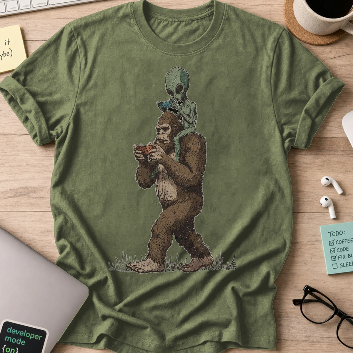 Bigfoot Encounter Shirt - Military Green mockup