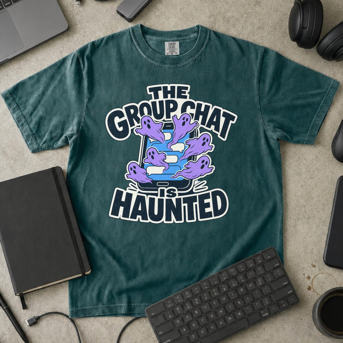 The Group Chat Is Haunted Premium Shirt - Blue Spruce mockup