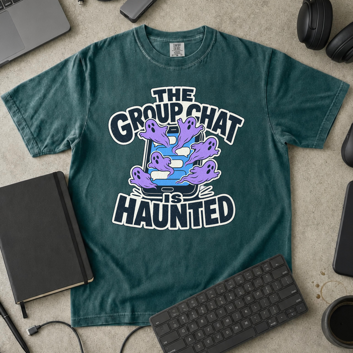 The Group Chat Is Haunted Premium Shirt - Blue Spruce mockup