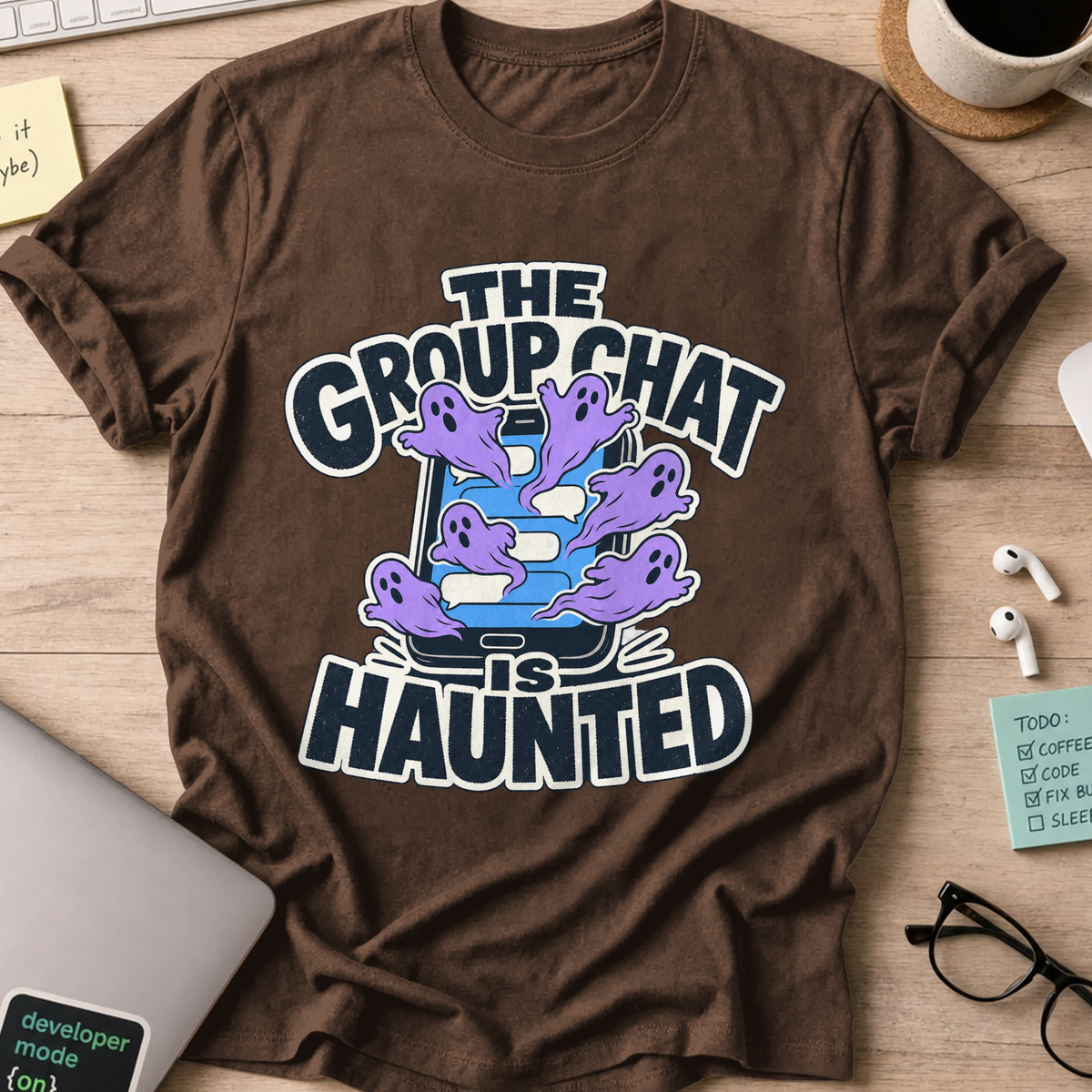 The Group Chat Is Haunted Shirt - Dark Chocolate mockup