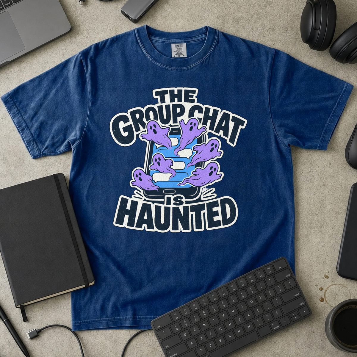 The Group Chat Is Haunted Premium Shirt - True Navy mockup