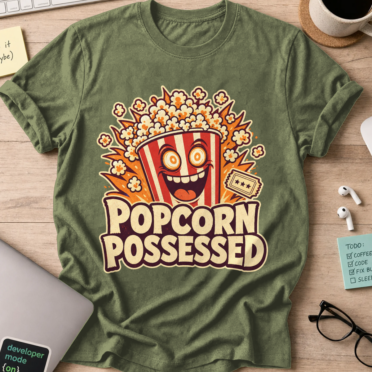 Popcorn Possessed Shirt - Military Green mockup