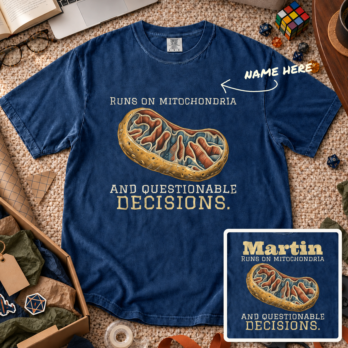 Mitochondria and Questionable Decisions Custom Shirt — personalized True Navy Comfort Colors 1717