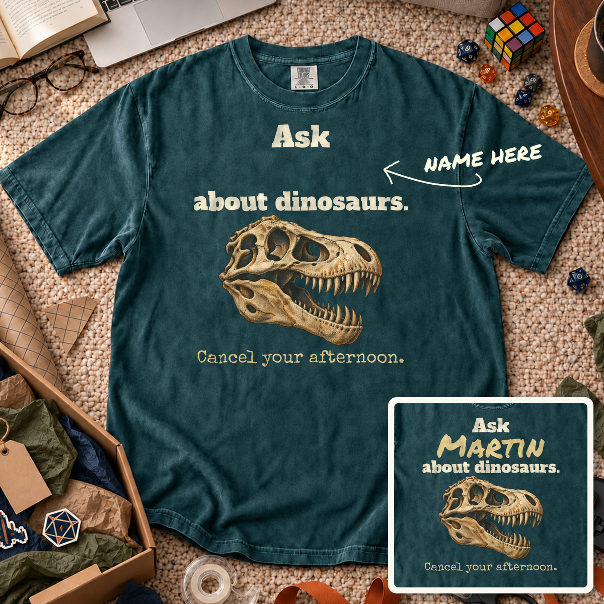 Ask About Dinosaurs Custom Shirt — personalized Blue Spruce Comfort Colors 1717