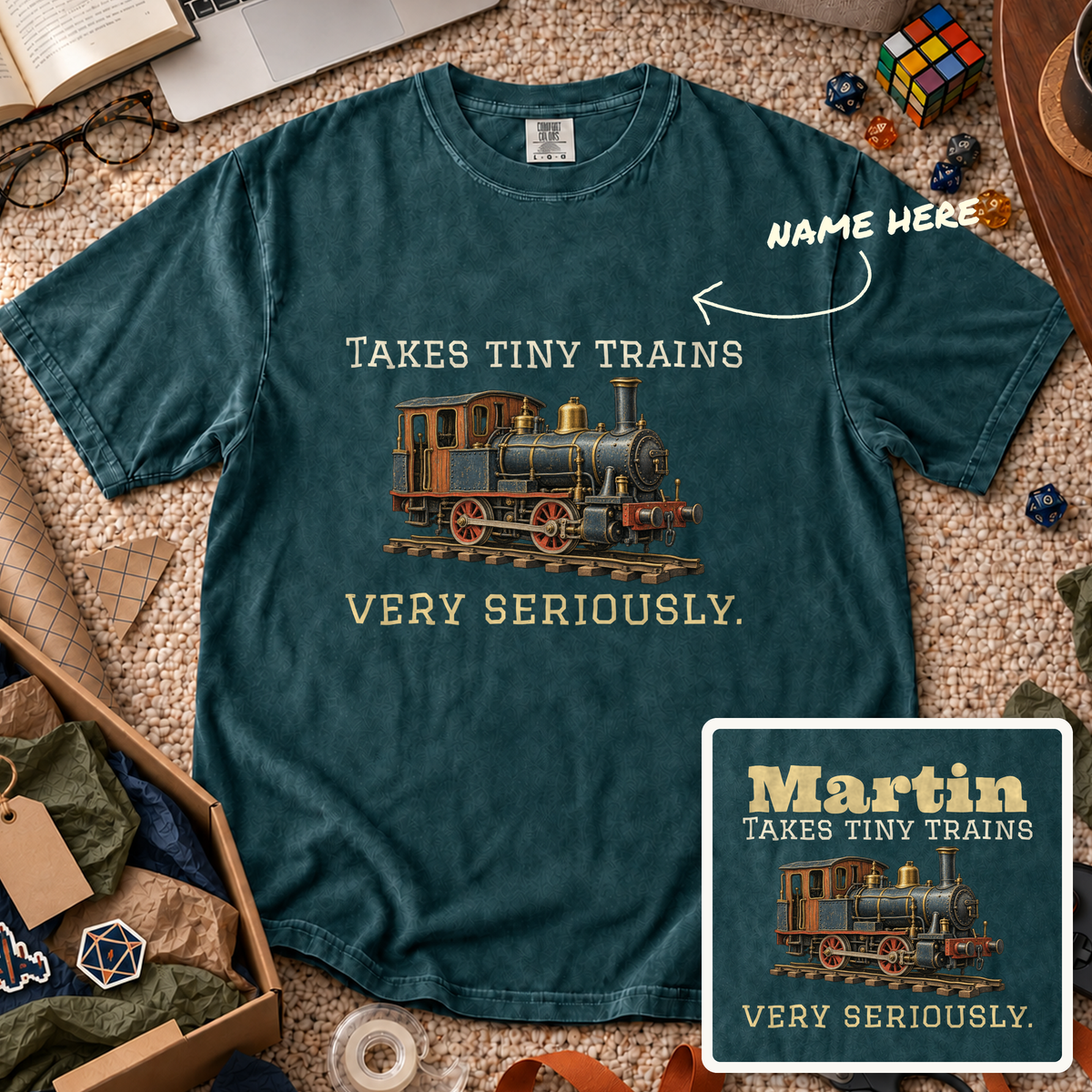 Takes Tiny Trains Seriously Custom Shirt — personalized Blue Spruce Comfort Colors 1717