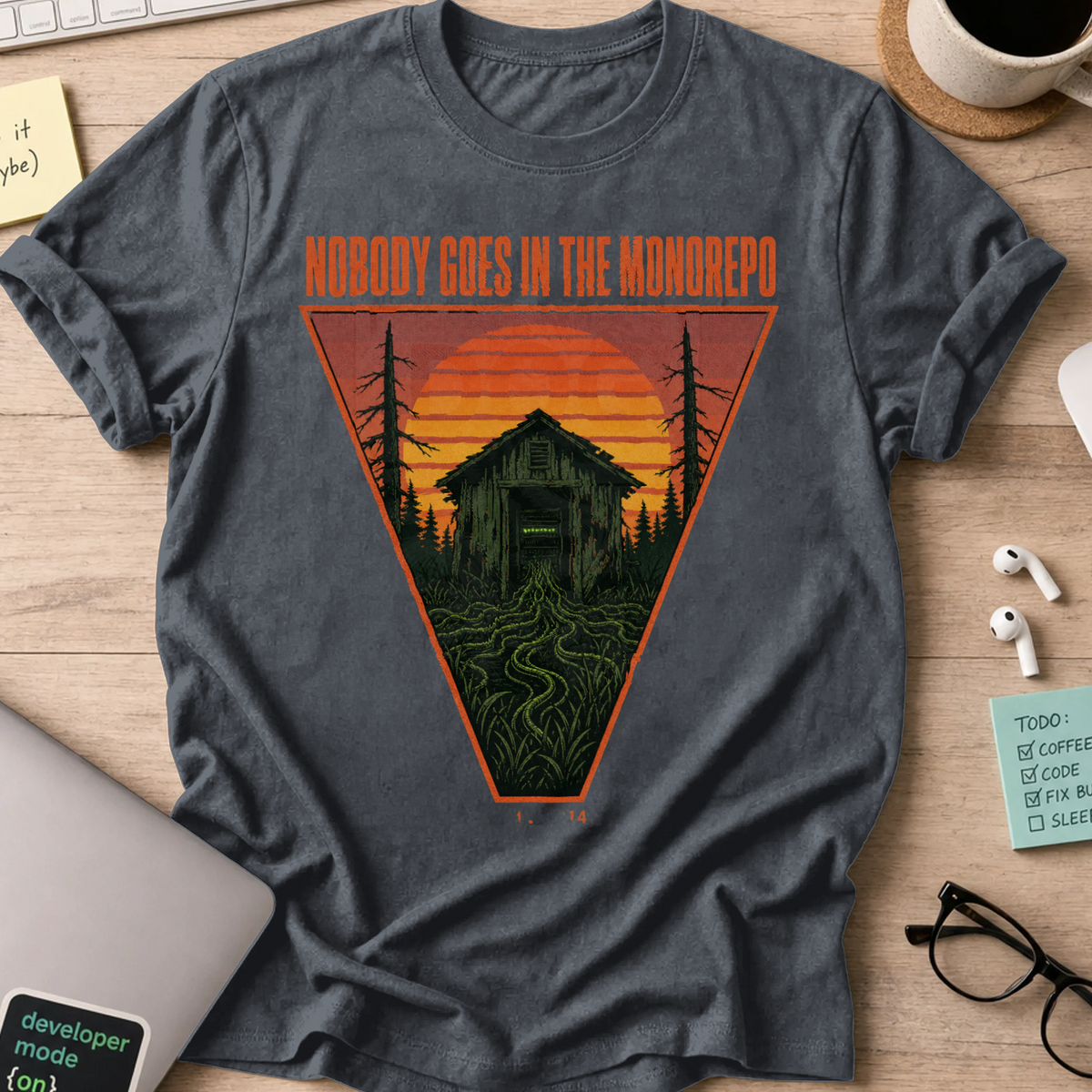 Nobody Goes in the Monorepo Shirt — Dark Heather storefront mockup