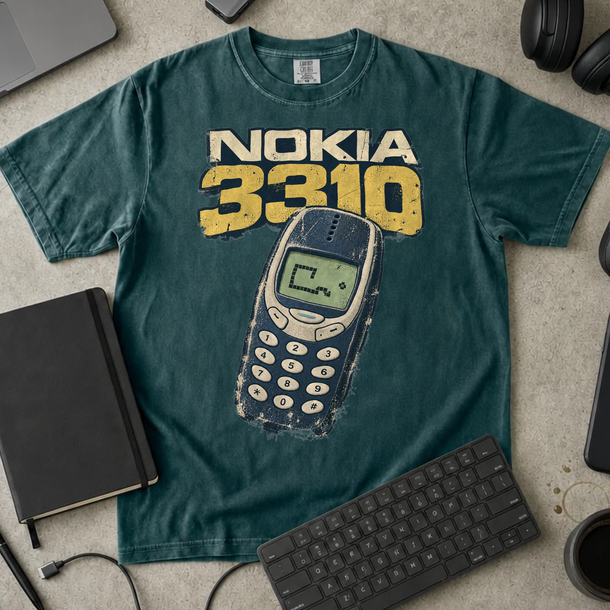 Nokia 3310 Shirt — Blue Spruce Comfort Colors 1717 flat lay
