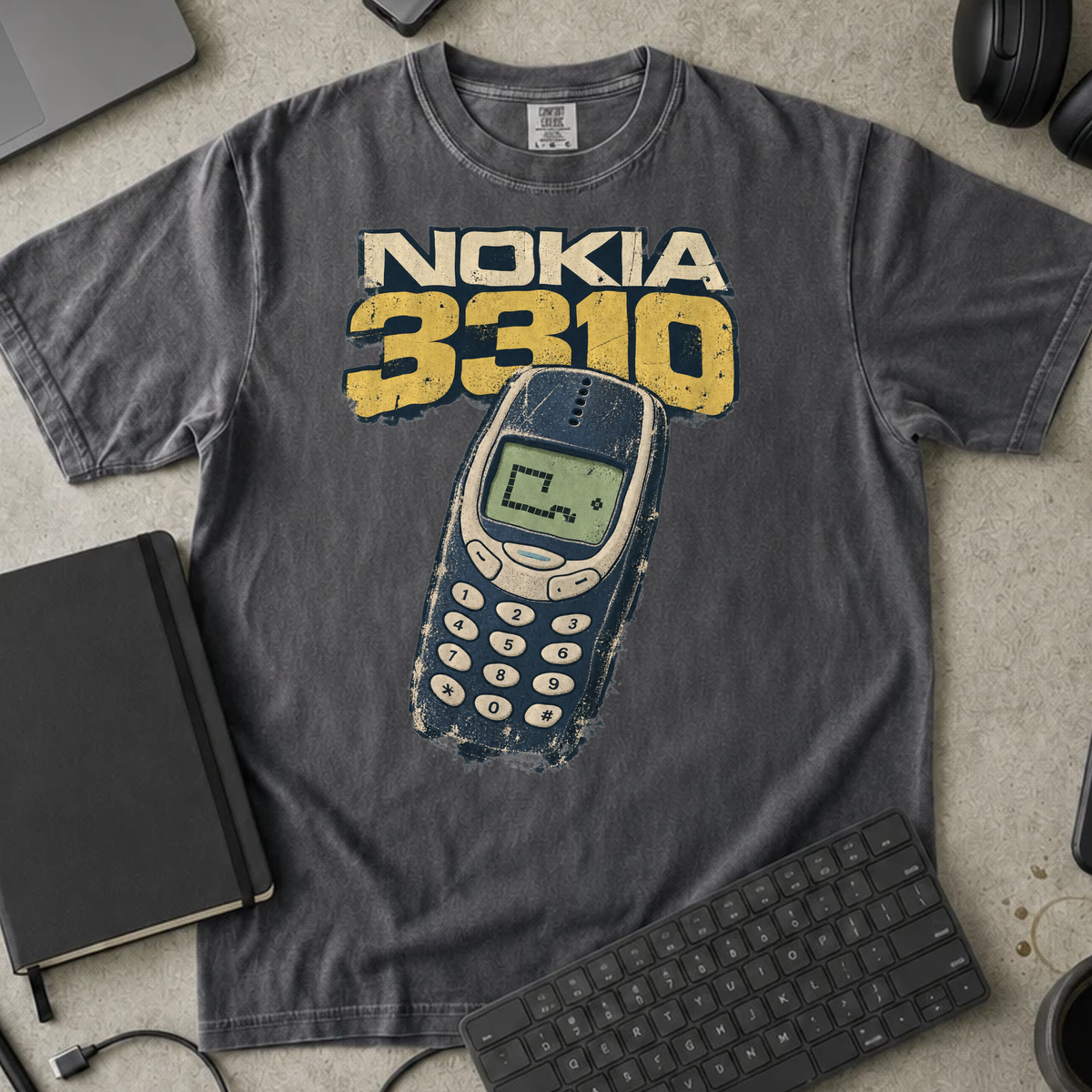 Nokia 3310 Shirt — Pepper Comfort Colors 1717 flat lay