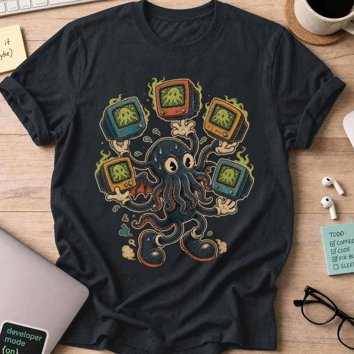 Octopus TV Monster Shirt — Black storefront mockup