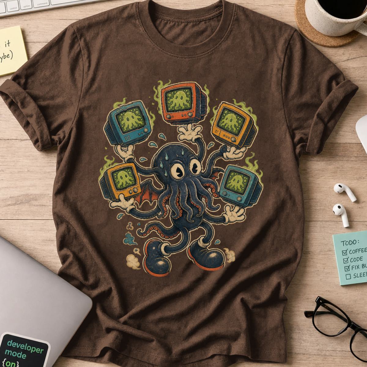 Octopus TV Monster Shirt — Dark Chocolate storefront mockup