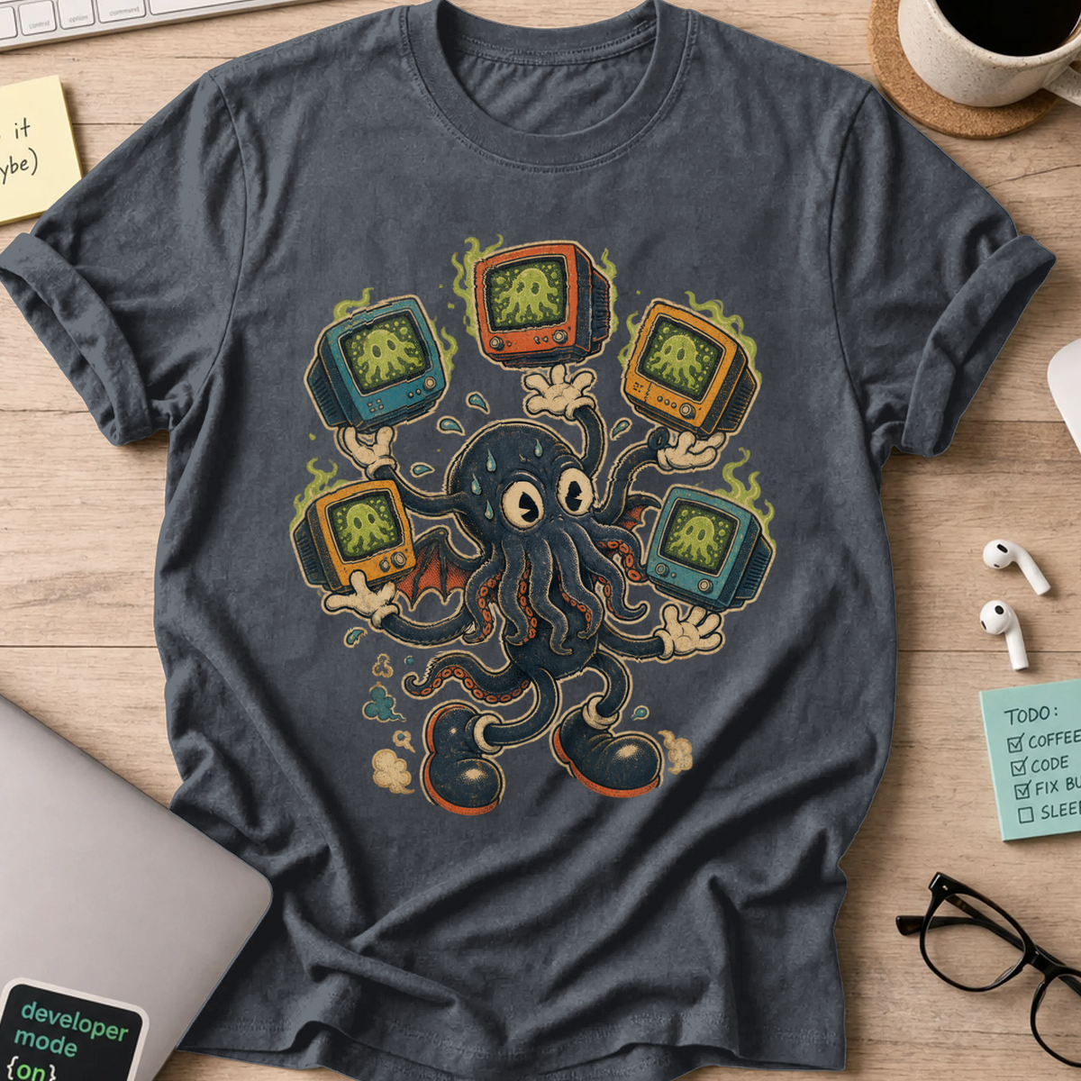 Octopus TV Monster Shirt — Dark Heather storefront mockup