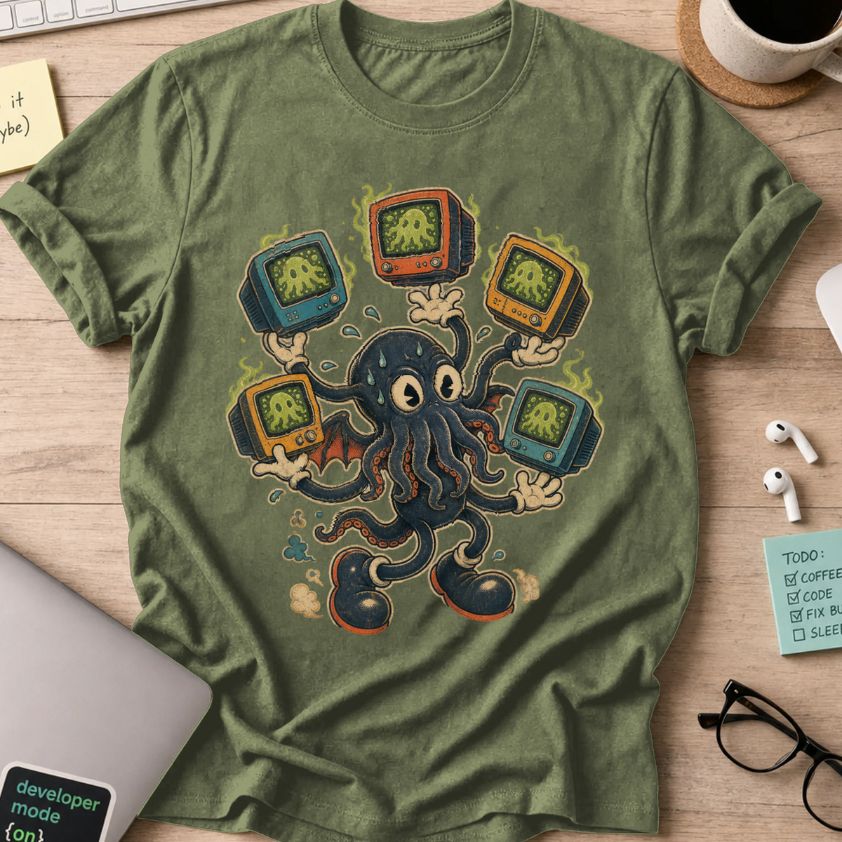 Octopus TV Monster Shirt — Military Green storefront mockup