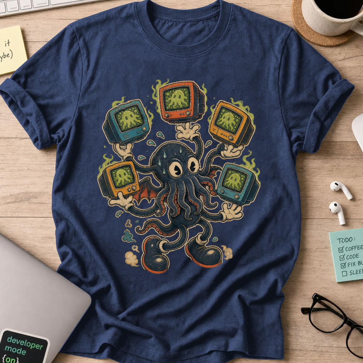 Octopus TV Monster Shirt — Navy storefront mockup