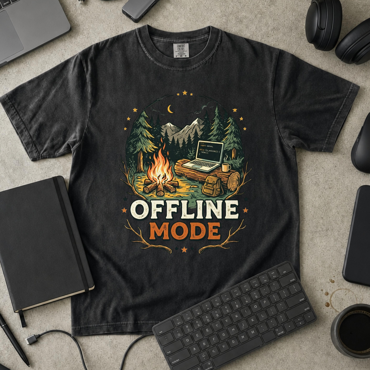 Offline Mode Campfire Premium Shirt — black Premium Shirt mock-up