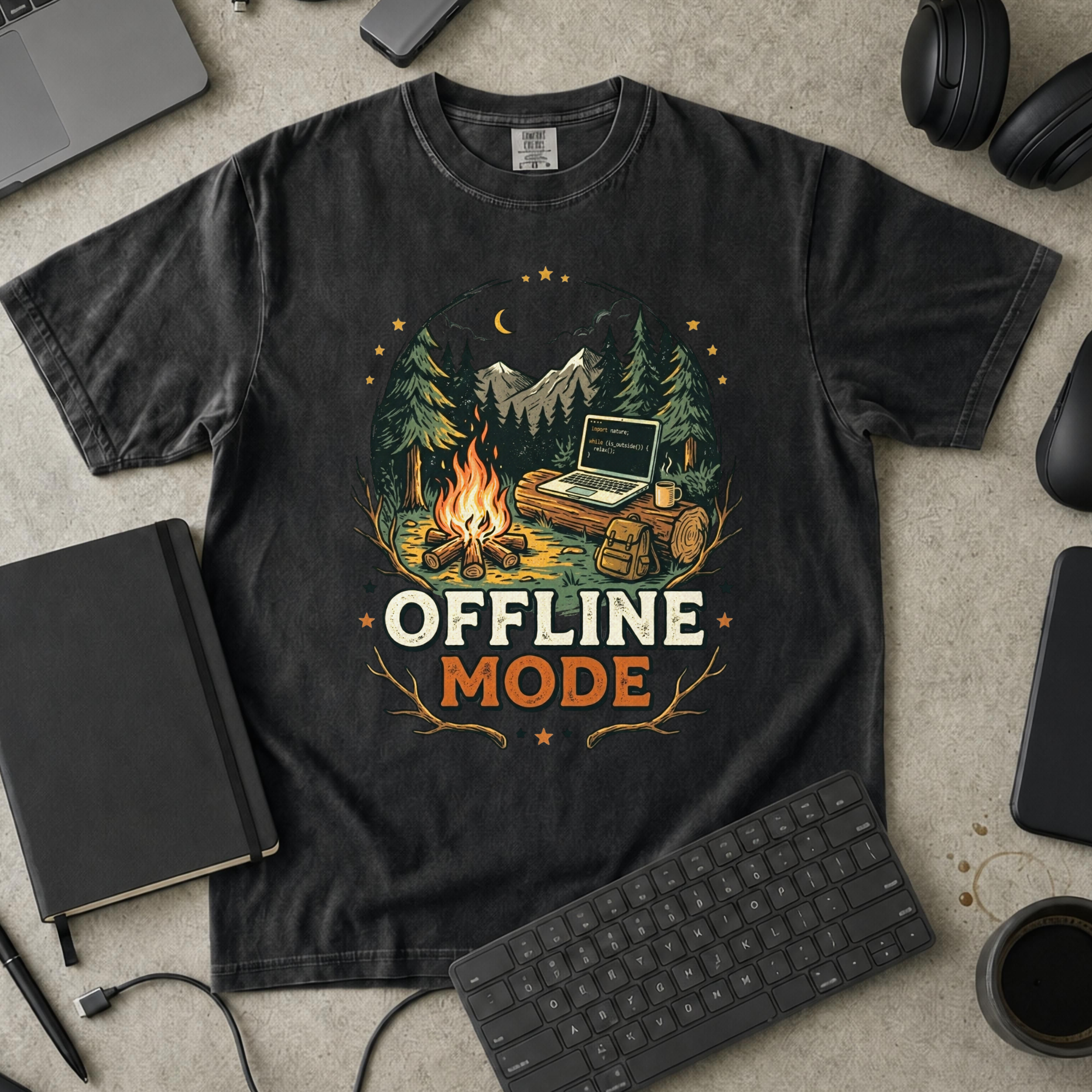 Offline Mode Campfire Premium Shirt — black Premium Shirt mock-up