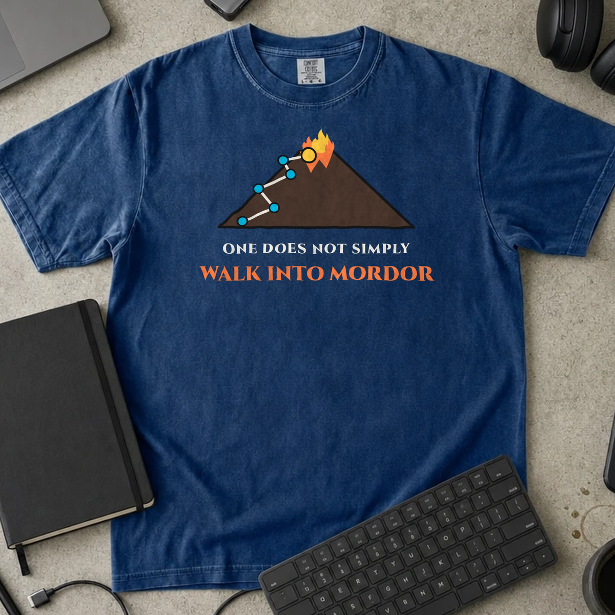 One Does Not Simply Walk Into Mordor Shirt — True Navy Comfort Colors 1717 flat lay