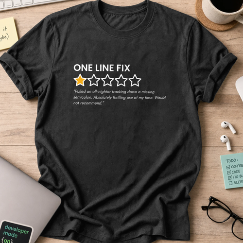 Black programmer shirt printed with "one line fix review", a funny developer t-shirt and coding gift for software engineers and coders.