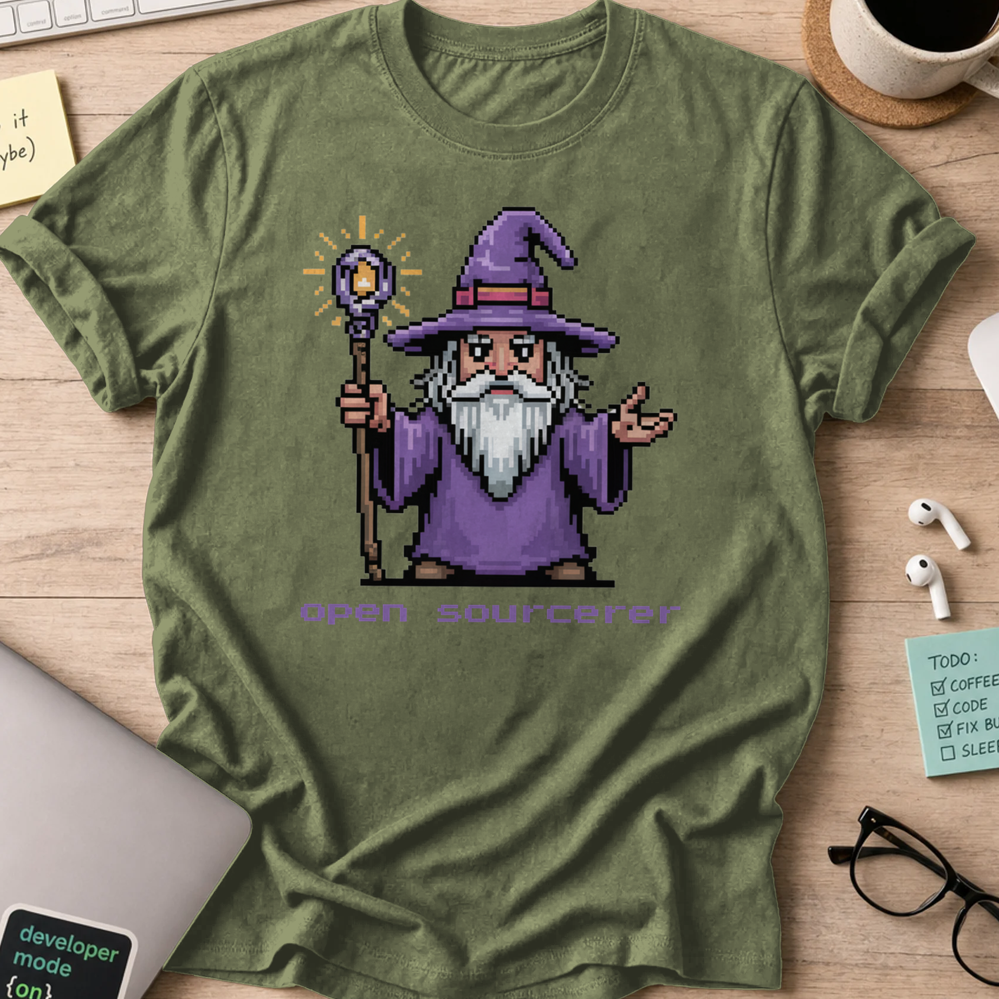 Military Green programmer shirt printed with "open sourcerer", a funny developer t-shirt and coding gift for software engineers and coders.