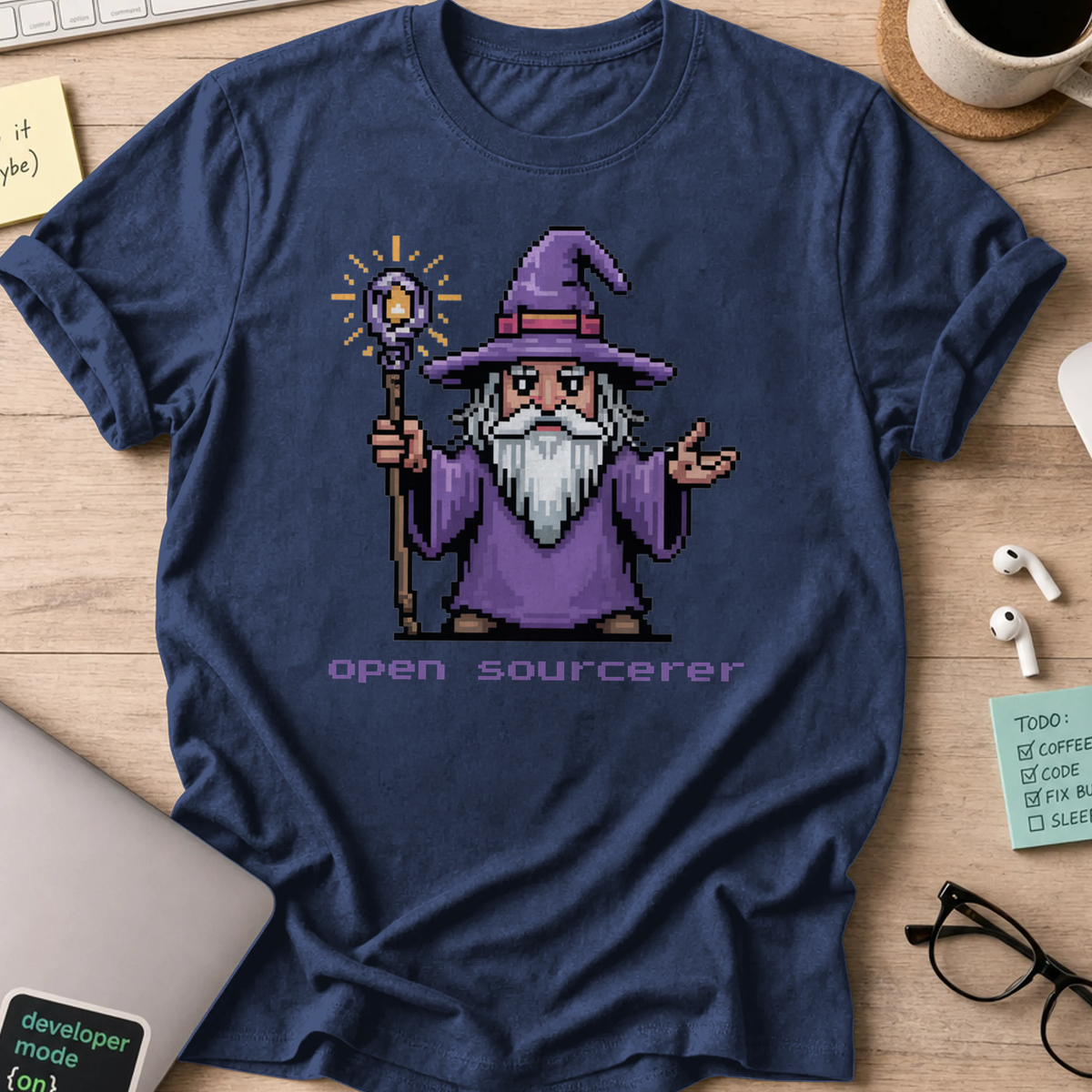 Navy programmer shirt printed with "open sourcerer", a funny developer t-shirt and coding gift for software engineers and coders.