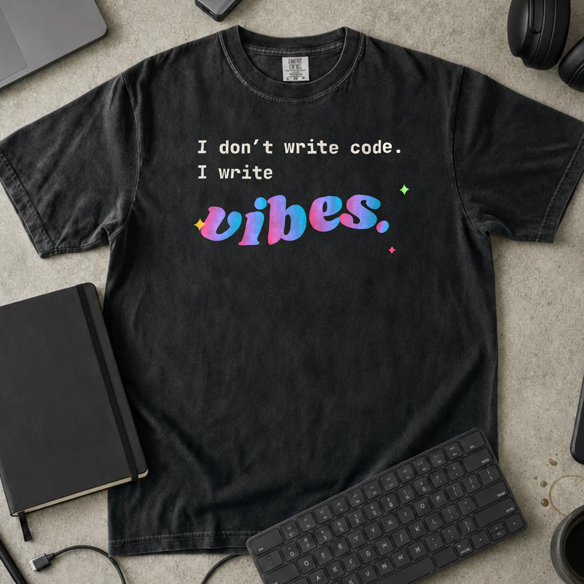 I Don't Write Code I Write Vibes Shirt — Black Comfort Colors 1717 flat lay