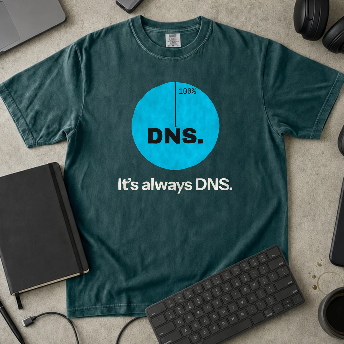 It's Always DNS Shirt — Blue Spruce Comfort Colors 1717 flat lay