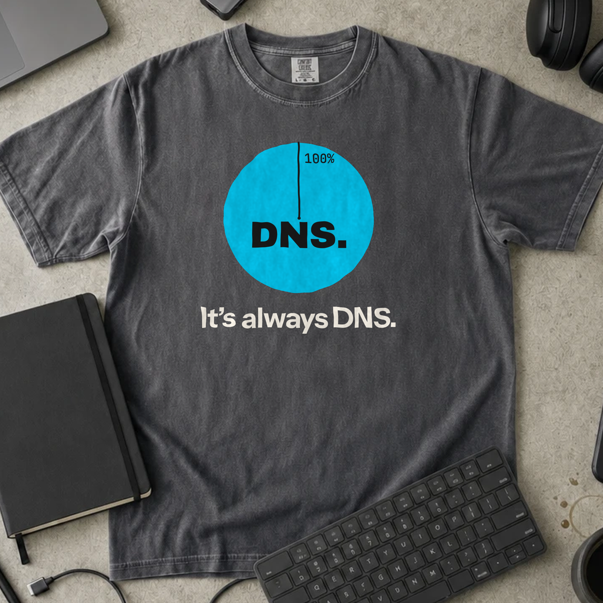 It's Always DNS Shirt — Pepper Comfort Colors 1717 flat lay