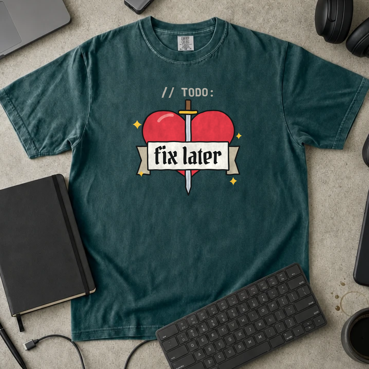 TODO Fix Later Shirt — Blue Spruce Comfort Colors 1717 flat lay