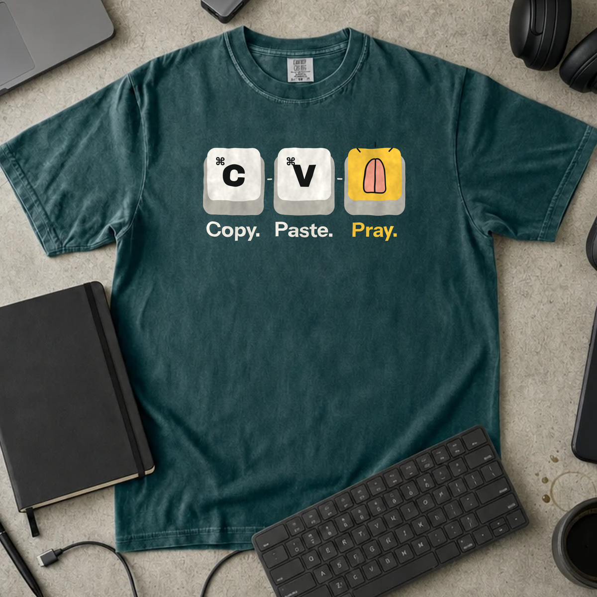 Copy Paste Pray Shirt — Blue Spruce Comfort Colors 1717 flat lay