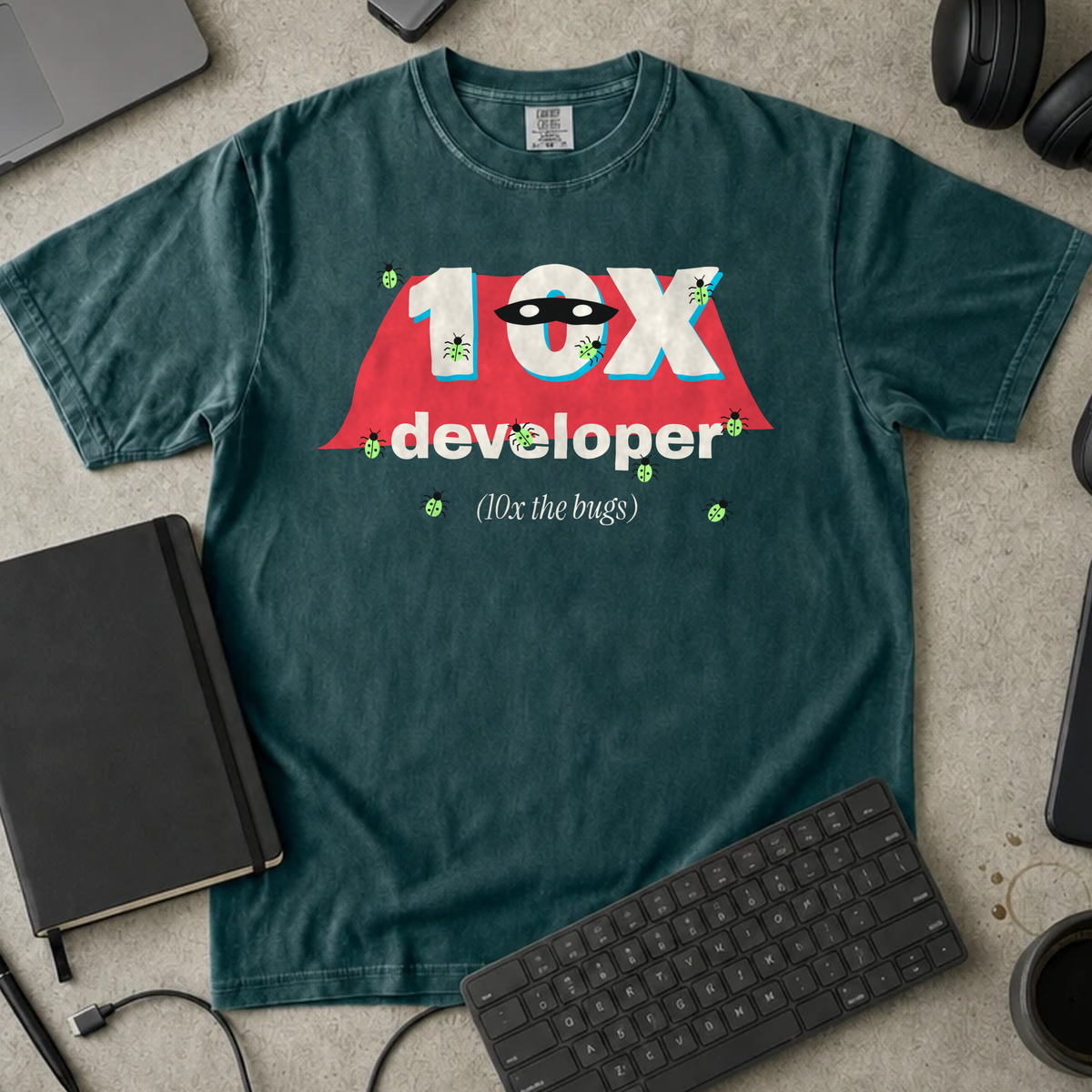 10x Developer 10x the Bugs Shirt — Blue Spruce Comfort Colors 1717 flat lay