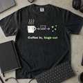 Coffee In Bugs Out Shirt — Black Comfort Colors 1717 flat lay