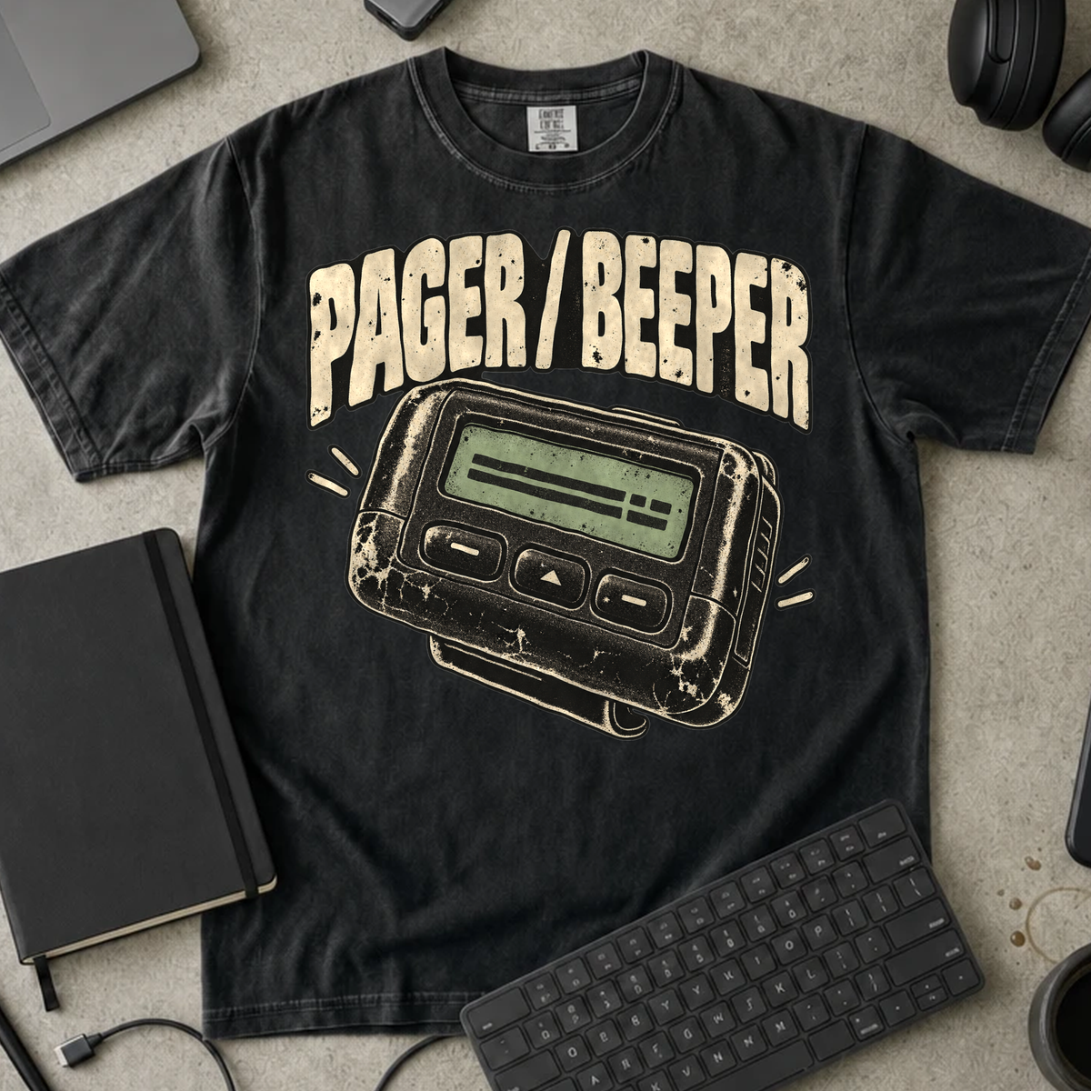 Pager Beeper Shirt — Black Comfort Colors 1717 flat lay