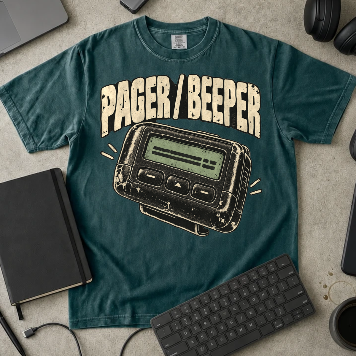 Pager Beeper Shirt — Blue Spruce Comfort Colors 1717 flat lay