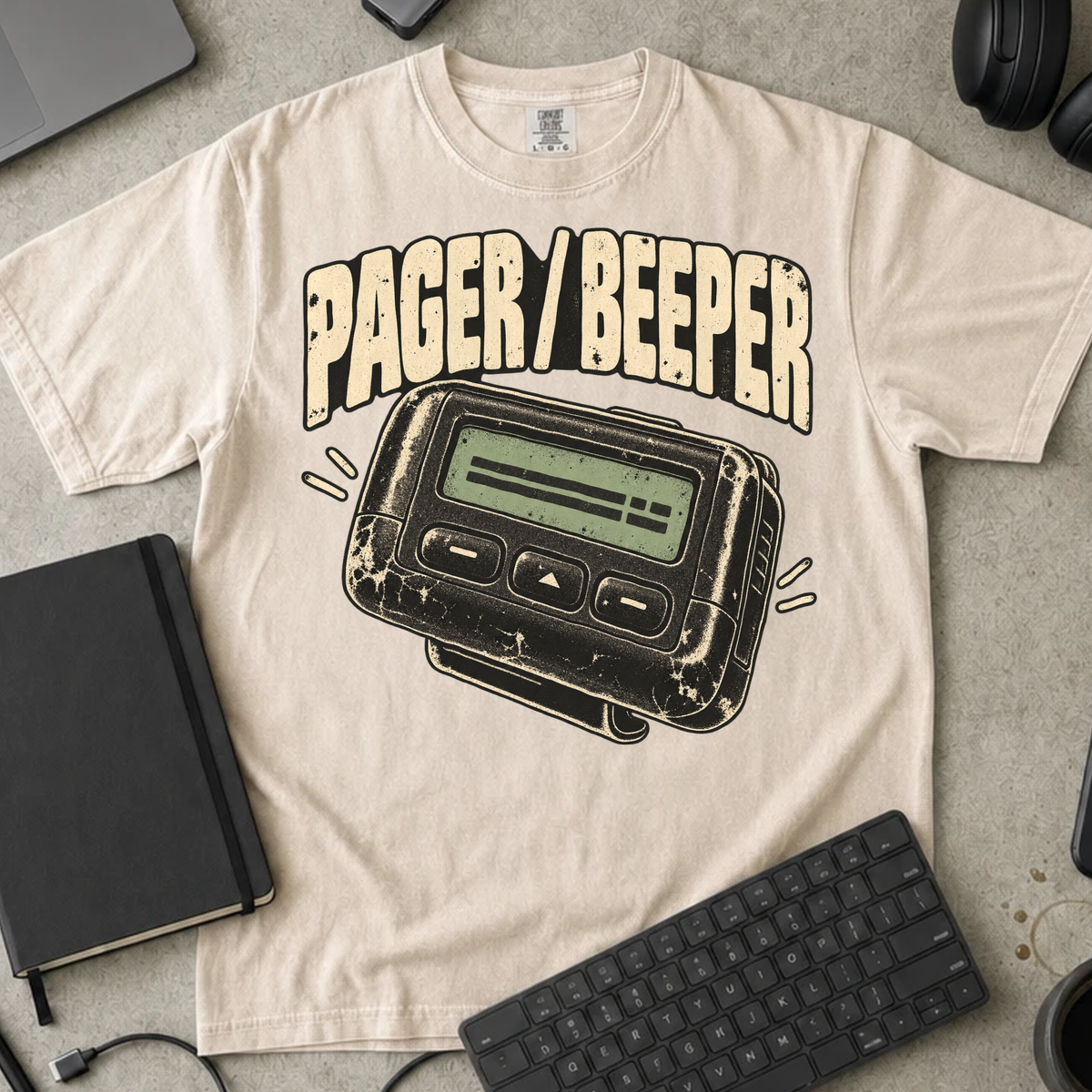 Pager Beeper Shirt — Ivory Comfort Colors 1717 flat lay